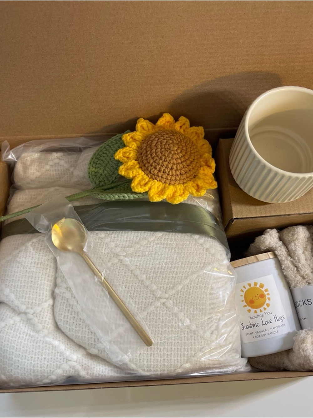 Cozy Cream Knit Home Gift Set with Yellow Sunflower Accent